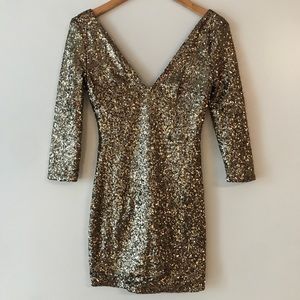 Gold Sequin Plunge Dress | 0